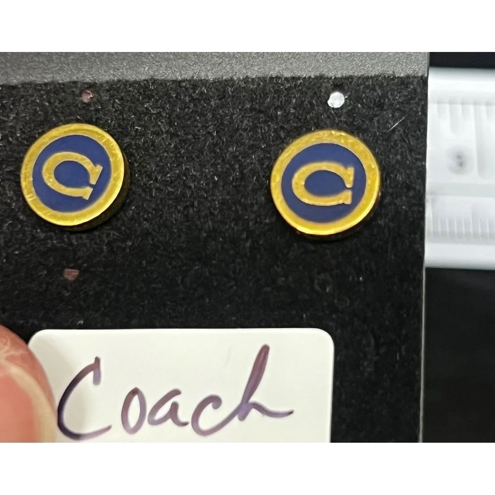 Coach Logo Stud Earrings Womens OS Blue Gold Excellent Circular Enamel - Picture 2 of 5